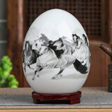 悦灵美 景德镇陶瓷器创意摆件福蛋招财饰品中式家居酒柜装饰工艺品摆设 黑色马到成功+底座