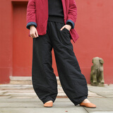 乱在江南民族风棉麻保暖夹薄棉裤女冬季新款松紧腰复古休闲纯色宽松萝卜裤 黑色 均码