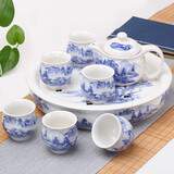 豹霖景德镇陶瓷功夫茶具茶盘茶海套装家用复古中式 双层隔热防烫茶杯青花瓷整套茶具茶壶茶杯茶盘小套套装 9头双层大盘-风景