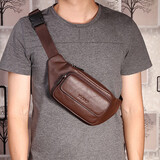 意昂（yi ang）2023新款潮真皮胸包头层牛皮腰包休闲户外运动跑步大容量男士包包 啡色【8066】