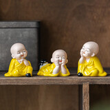 木客 可爱陶瓷小和尚禅意客厅桌面小摆件汽车车内装饰品园艺花盆造景 摆设 小火彩小和尚一套3个