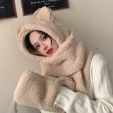 浩冠 小熊护耳朵帽子女冬季可爱冬天毛绒围巾连帽一体韩版秋冬天百搭保暖潮 升级款带手套-卡其色 帽子围巾一体