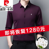 皮尔卡丹（pierre cardin）桑蚕丝长袖衬衫男士春秋免烫无痕商务中年衬衣上衣男装 紫红色 长袖 XL 175