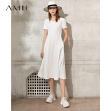 AMII法式复古a字连衣裙女年夏季新款赫本风显瘦圆领修身裙子 米白 （建议拍大一码） 160/84A/M