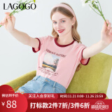 lagogo拉谷谷多巴胺撞色印花T恤女2024年夏季新款粉红色正肩短袖 粉红色(H8) M