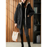 原形派克服女中长款连帽2024春季新款韩版收腰羊羔毛加厚棉服外套 黑色 XL