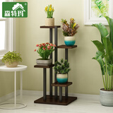 森特玛花架子铁艺多层室内阳台置物实木客厅落地欧式植物盆栽架简约多肉 黑柱+柚木色板（88高）