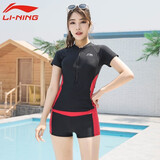 李宁（LI-NING）泳衣女 分体短袖女士泳衣保守平角遮肚显瘦大码泡温泉游泳衣 黑红色#短袖#分体 L(身高157-166cm体重47-54kg)