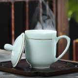 鹏博陶瓷景德镇茶杯陶瓷办公杯带盖家用杯子陶瓷水杯影青瓷会议室茶杯定制 影青金钟杯-描金加厚款