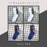 宝盖丁4双袜子男加厚白色男士运动棉袜字母潮袜篮球情侣秋冬大码男袜 2双白色+2双蓝色- 4双 均码