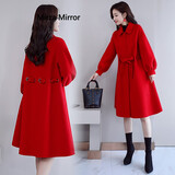 Mirza Mirror秋冬毛呢外套女中长款显瘦新娘结婚红色礼服系带收腰显瘦呢子大衣 红色 M
