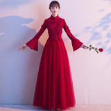 麦斯贝思敬酒服新娘新款冬季加厚酒红色长袖中式回门服结婚晚礼服女秋冬 酒红色长款加厚 L