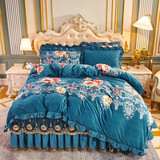 禧愿床裙四件套水晶绒法兰绒牛奶绒床盖夹棉床上魔法绒四件套 床裙床品套件 非全棉纯棉婚庆套件床罩套件 富贵花开-维纳 1.8x2.2米床四件套 被芯200x230