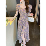 燕浔法式一字领碎花连衣裙子女夏季2025新款收腰显瘦气质长裙开叉 粉色碎花 L (建议110-125斤)