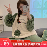 缤棉睡衣女士秋冬季珊瑚绒长袖加厚保暖法兰绒可爱卡通学生家居服套装 8852绿色放风筝恐龙 XL