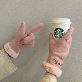 目丸手套女冬天保暖加厚可爱ins潮韩版卡通防风学生加绒五指手套骑行 粉色 均码