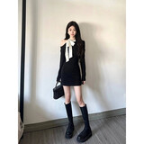 乐卡利法式纯欲蝴蝶结连衣裙女春秋打底修身气质露肩包臀a字短裙小黑裙 黑色 S