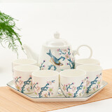 金岚玉唐山骨瓷水具套装家用简约客厅茶壶套装茶具花茶茶杯中式陶瓷水具 青雀之喜-托盘+玉兰壶+6水杯无柄