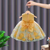 鸾雀翔一周岁女宝宝周岁生日礼服抓周服幼儿裙子儿童晚礼服女童公主纱裙 黄色 80 建议身高73-84体重15-22斤
