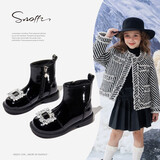 斯纳菲（Snoffy）冬季女童加绒棉靴时尚水晶皮靴儿童保暖短靴中大童靴子鸢尾黑28