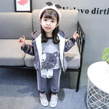 标点熊韩版小童装洋气儿童卫衣套装加绒加厚宝宝三件套男女童外套秋冬季 小花猫灰 120码建议身高105-115cm