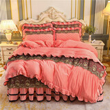 禧愿床裙四件套水晶绒法兰绒牛奶绒床盖夹棉床上魔法绒四件套 床裙床品套件 非全棉纯棉婚庆套件床罩套件 倾城浪漫-玉色 1.5米床 床裙三件套