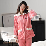 JIAQI睡衣女秋冬季法兰绒保暖加厚家居服长袖翻领珊瑚绒新款女士冬套装 7211 3XL (180) 建议体重160-180斤