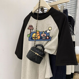 苏愚设计感潮流韩版宽松百搭情侣装男女100%纯棉插肩袖撞色短袖T恤女 A2-107-猪坐沙发 S