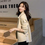 托玛菲 短外套女春秋2021年新款女装时尚休闲韩版宽松春款小个子鹿皮绒短款小香风初春风衣外套潮 米驼色 M  建议110-120斤