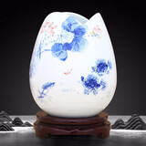 傲世景德镇陶瓷器新中式青花瓷水培插花瓶工艺品客厅摆件博古架装饰品 和为贵三叶荷（配木质底座）