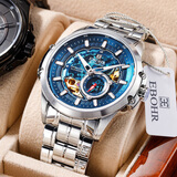 依波（EBOHR）【商场同款】手表男镂空全自动机械表钢带防水夜光名牌腕表送老公 俊朗魅蓝镂空【剃须刀+皮表带】18061316 专柜热销款