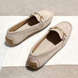 SLYHULI女装真皮豆豆鞋女春季2025新款百搭平底鞋网红孕妇鞋软皮单鞋秋鞋 卡其色 6666-8 39 (245mm) 脚宽脚胖拍大一码