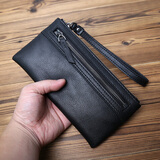 JLFGPJ手包男真皮拉链长款钱包手工大容量休闲头层牛皮手拿包软皮手机包 黑色