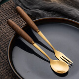 耐持西餐餐具刀叉勺套装木柄网红金色牛排刀叉家用不锈钢刀叉 甜品叉勺