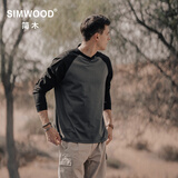 SIMWOOD/简木男装【标准宽松】240g sorona 插肩袖圆领长袖T恤男SN120061 碳灰配黑 L建议131-145斤