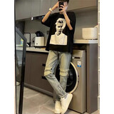 衣然呈品秋冬新款牛仔裤男士美式高街侧开拉链水洗做旧修身潮牌直筒裤子男 蓝色补丁款 XL【建议110-130斤】