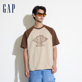 Gap男女装夏季撞色插肩袖logo圆领短袖T恤宽松上衣463174 卡其色 2XL (185/104A)亚洲尺码
