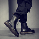 JUKUANG 新款马丁靴男真皮男靴英伦潮流高帮皮鞋鞋子厚底工装靴男士潮中帮百搭男鞋 系带加绒款黑色 42(标准皮鞋尺码-运动鞋拍小一码)