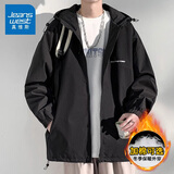 真维斯（Jeanswest）外套男士秋冬季夹棉加厚保暖登山宽松连帽青少年夹克防风上衣服 727黑色 XL （建议140-165斤）
