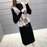 度渔（DUYU）针织连衣裙秋冬季新款毛衣女装修身气质休闲时尚马甲两件装套装裙 卡其色 套装 L (建议105斤--115斤）