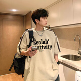 OEMG 美式复古短袖t恤男夏季新款潮流牌青少年五分袖上衣服宽松休闲衫 杏色 XL [建议125-140斤]