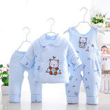 凡不了婴儿棉衣套装双背带裤加厚冬季0-1-2岁男女宝宝新生儿衣服三件套 带领款背带裤平脚裤蓝色 90 码80-90CM