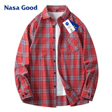 NASA GOOD长袖衬衫男春秋季韩版潮流格子衬衣青年休闲宽松外套 红L