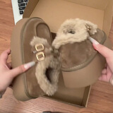 雪地靴女冬季新款保暖加绒复古勃肯鞋女学生厚底皮毛一体毛毛棉鞋 卡其色 37