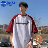 NASALIKE男士短袖t恤夏季美式高街潮流拼接撞色插肩袖320g重磅纯棉半袖衫 C33红色 XL 120-140斤