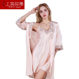 上海故事睡衣女夏季冰丝性感吊带红色睡裙新娘晨袍家居服情人节女友礼物 8008米色（两件套） 均码
