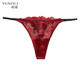韵扉高端桑蚕丝性感丁字裤一根线半透明蕾丝低腰无痕内裤女薄春夏新款 玫瑰红 1条 均码
