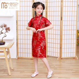 莫代尔女童旗袍裙子中国风中大童女孩公主裙洋气儿童唐装汉服夏装连衣裙 龙凤红色 16号 参考身高150cm年龄11-12岁