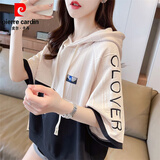 皮尔卡丹（pierre cardin）连帽设计感短袖t恤女夏装2026新款宽松大码撞色小个子短款上衣服 黑色 2XL (适合151-180斤)
