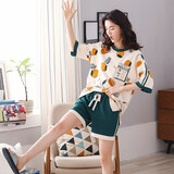 馨爱百年睡衣女夏天棉质短袖休闲可爱宽松女士家居服外穿带胸垫短裤套装 qh123 L